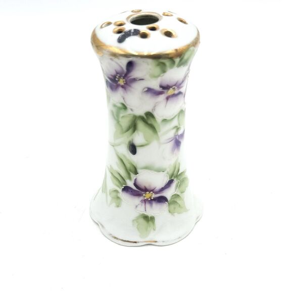 Antique Nippon Hand Painted Porcelain Hat Pin Holder Purple Floral Metallic Gold - Picture 1 of 6